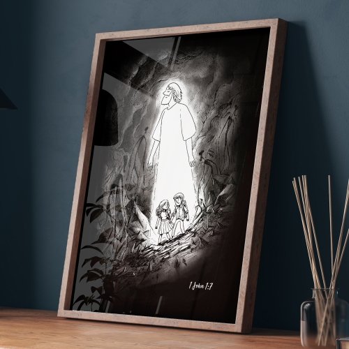 Framed A4 print.  Two children walkiing in His light